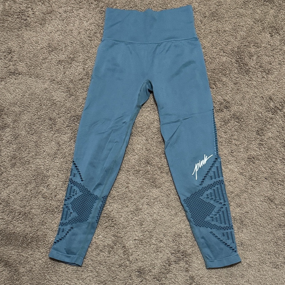 VS PINK Cool & Comfy Capri Tights-Sz XS-High Waisted-Mesh Lower Leg Detail-Blue